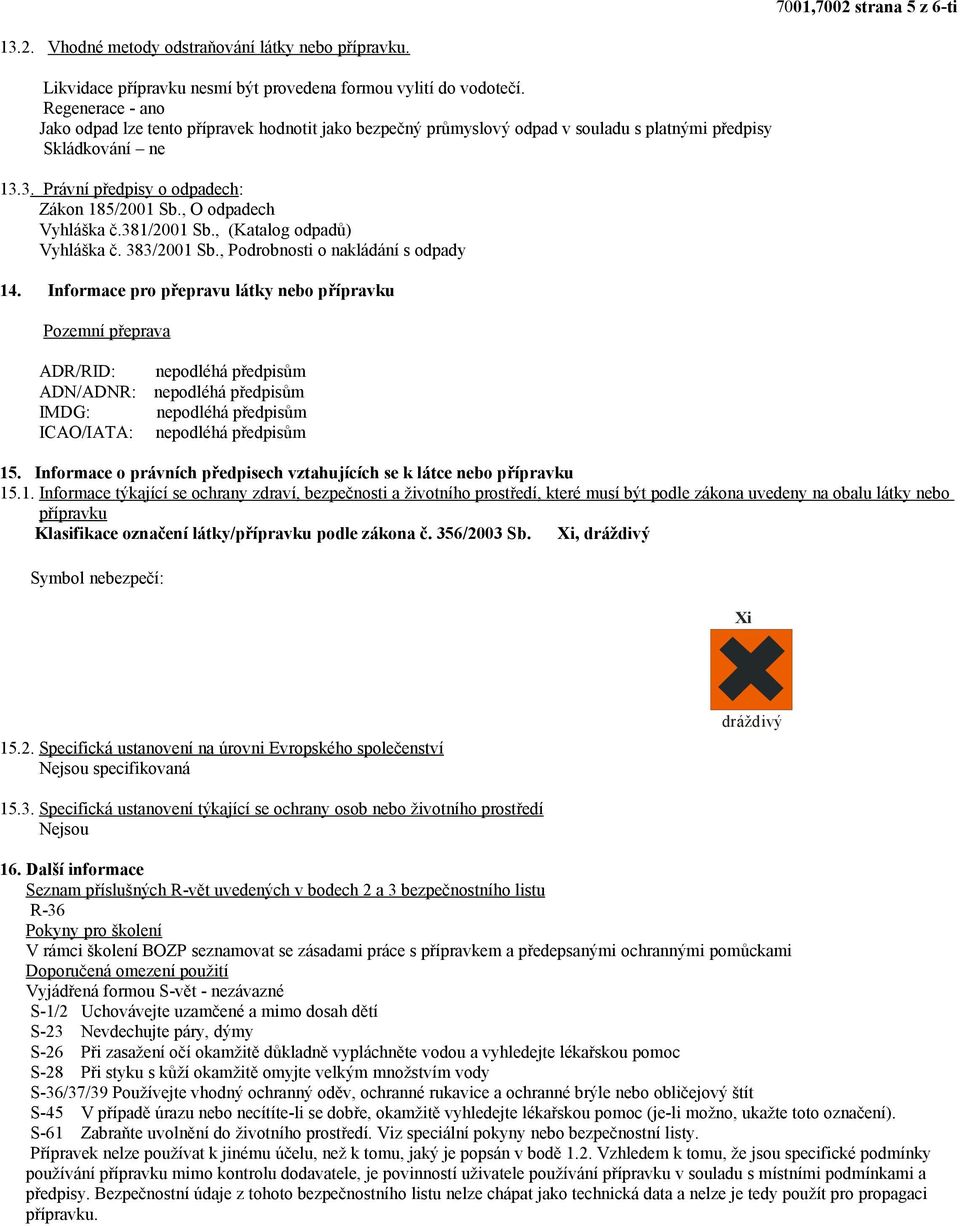 , O odpadech Vyhláška č.381/2001 Sb., (Katalog odpadů) Vyhláška č. 383/2001 Sb., Podrobnosti o nakládání s odpady 14.