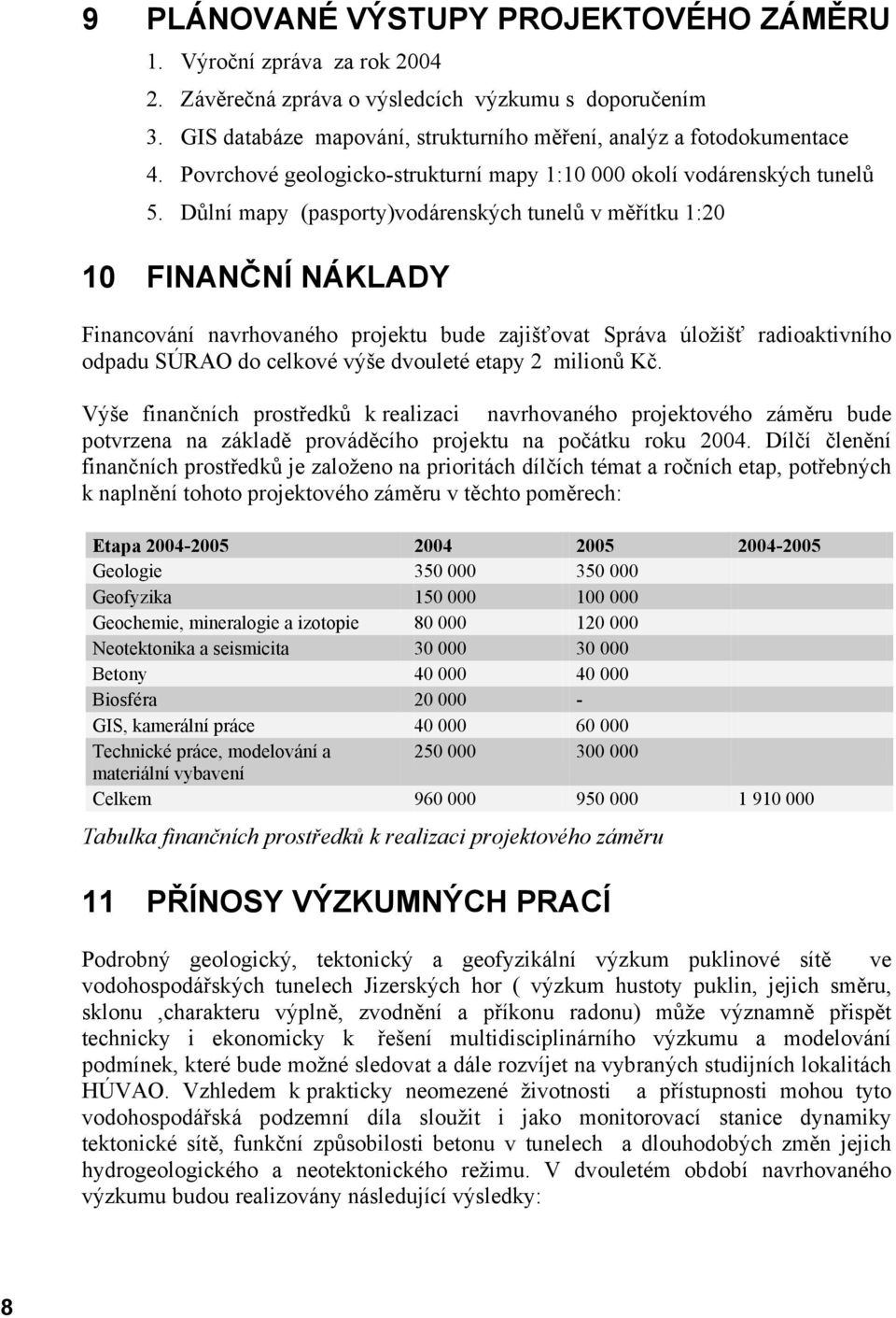 Důlní mapy (pasporty)vodárenských tunelů v měřítku 1:20 10 FINANČNÍ NÁKLADY Financování navrhovaného projektu bude zajišťovat Správa úložišť radioaktivního odpadu SÚRAO do celkové výše dvouleté etapy