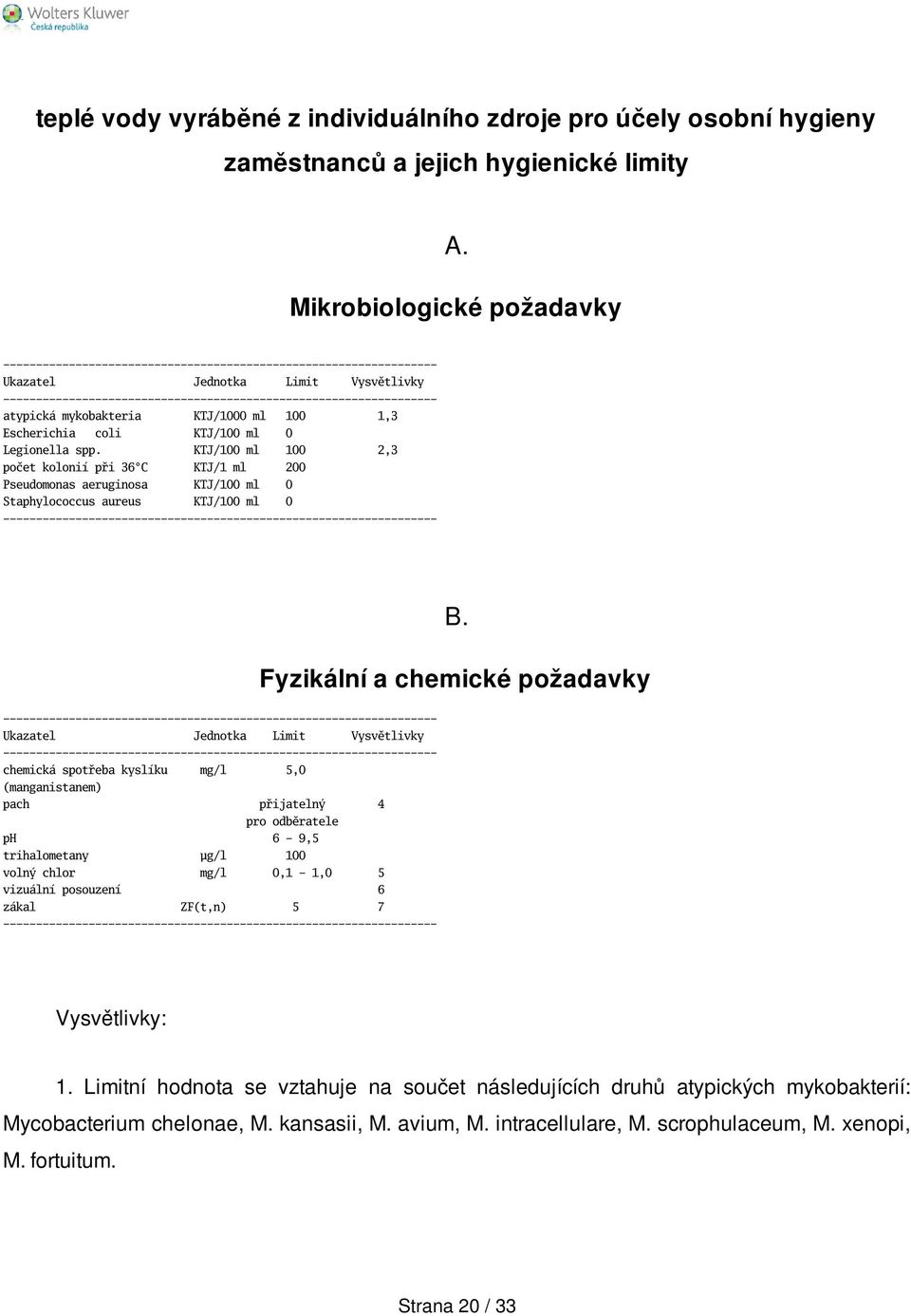 KTJ/100 ml 100 2,3 počet kolonií při 36 C KTJ/1 ml 200 Pseudomonas aeruginosa KTJ/100 ml 0 Staphylococcus aureus KTJ/100 ml 0 Ukazatel Jednotka Limit Vysvětlivky chemická spotřeba kyslíku mg/l 5,0