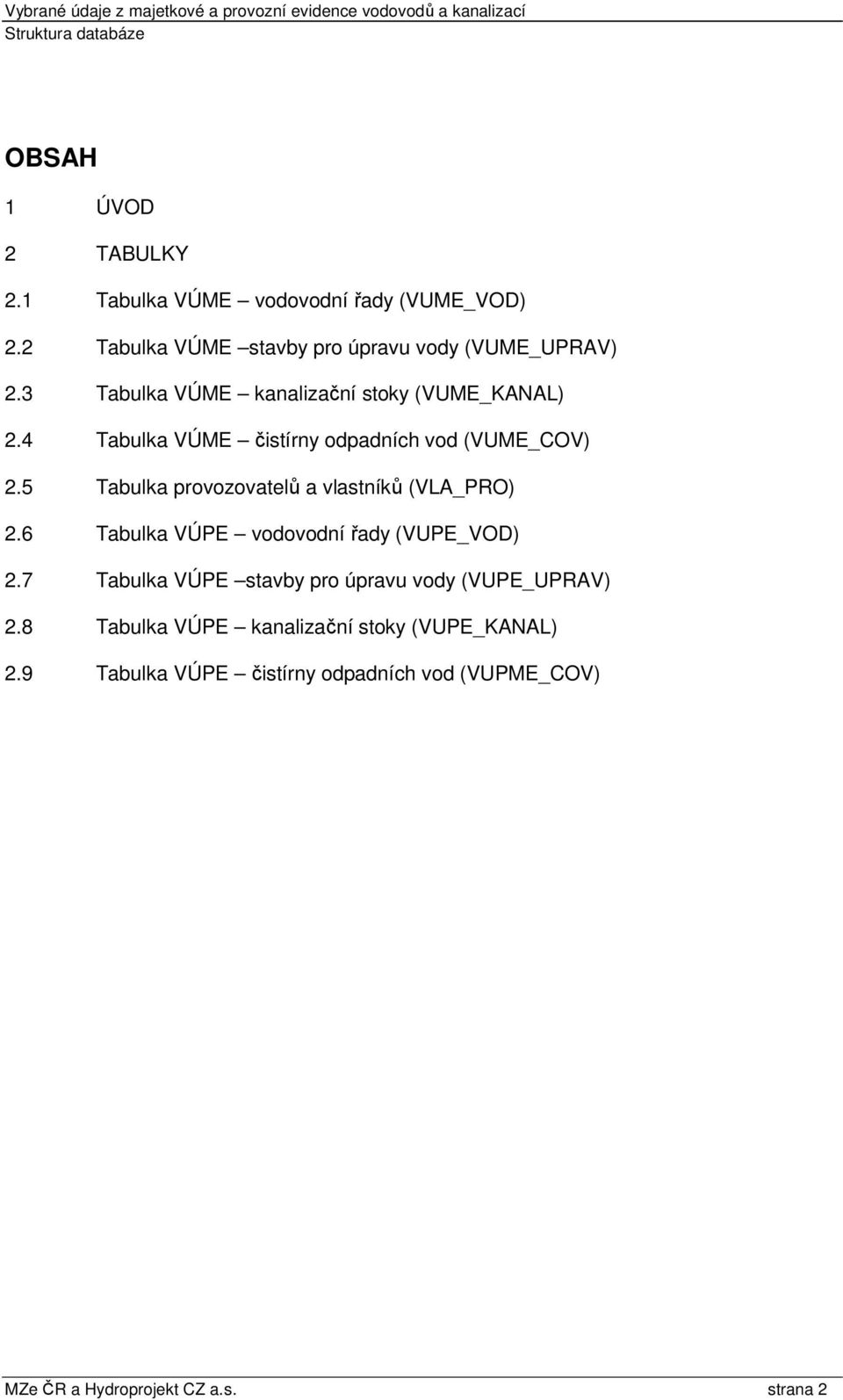 5 Tabulka provozovatelů a vlastníků (VLA_PRO) 2.6 Tabulka VÚPE vodovodní řady (VUPE_VOD) 2.