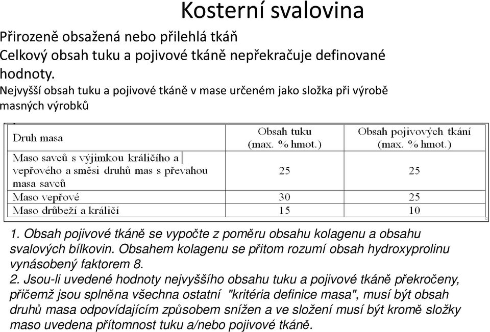 Obsah pojivové tkáně se vypočte z poměru obsahu kolagenu a obsahu svalových bílkovin. Obsahem kolagenu se přitom rozumí obsah hydroxyprolinu vynásobený faktorem 8. 2.