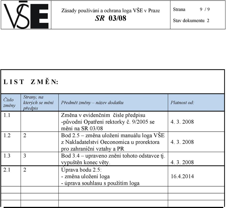 5 změna uložení manuálu loga VŠE z Nakladatelství Oeconomica u prorektora pro zahraniční vztahy a PR Platnost od: 4. 3. 2008 4.