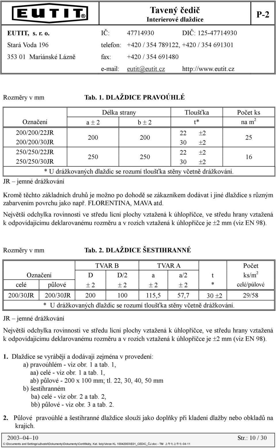 se rozumí tloušťka stěny včetně drážkování. JR jemné drážkování Kromě těchto základních druhů je možno po dohodě se zákazníkem dodávat i jiné dlaždice s různým zabarvením povrchu jako např.