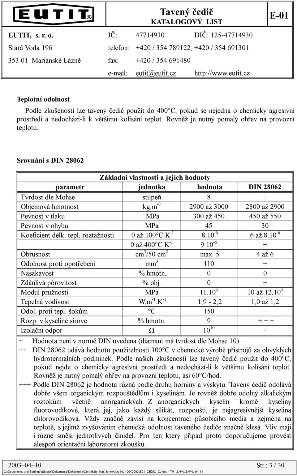 m -3 2900 až 3000 2800 až 2900 Pevnost v tlaku MPa 300 až 450 450 až 550 Pevnost v ohybu MPa 45 30 Koeficient délk. tepl. roztažnosti 0 až 100 C K -1 8.10-6 6 až 8.10-6 0 až 400 C K -1 9.