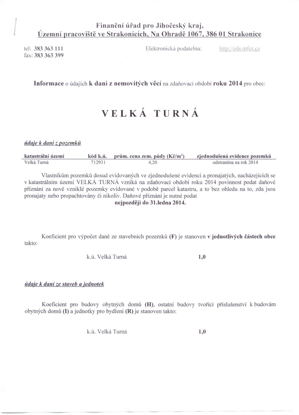 půdy (Kč/m 2 ) zjednodušená evidence pozemků Velká Tumá 712931 4,20 odstraněna na rok 2014 Vlastníkům pozemků dosud evidovaných ve zjednodušené evidenci a pronajatých, nacházejících se v katastrálním