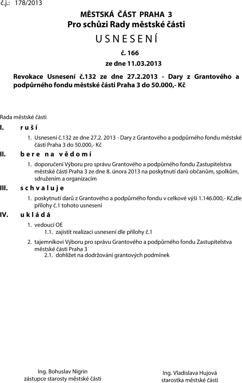 doporučení Výboru pro správu Grantového a podpůrného fondu Zastupitelstva městské části Praha 3 ze dne 8. února 2013 na poskytnutí darů občanům, spolkům, sdružením a organizacím s c h v a l u j e 1.