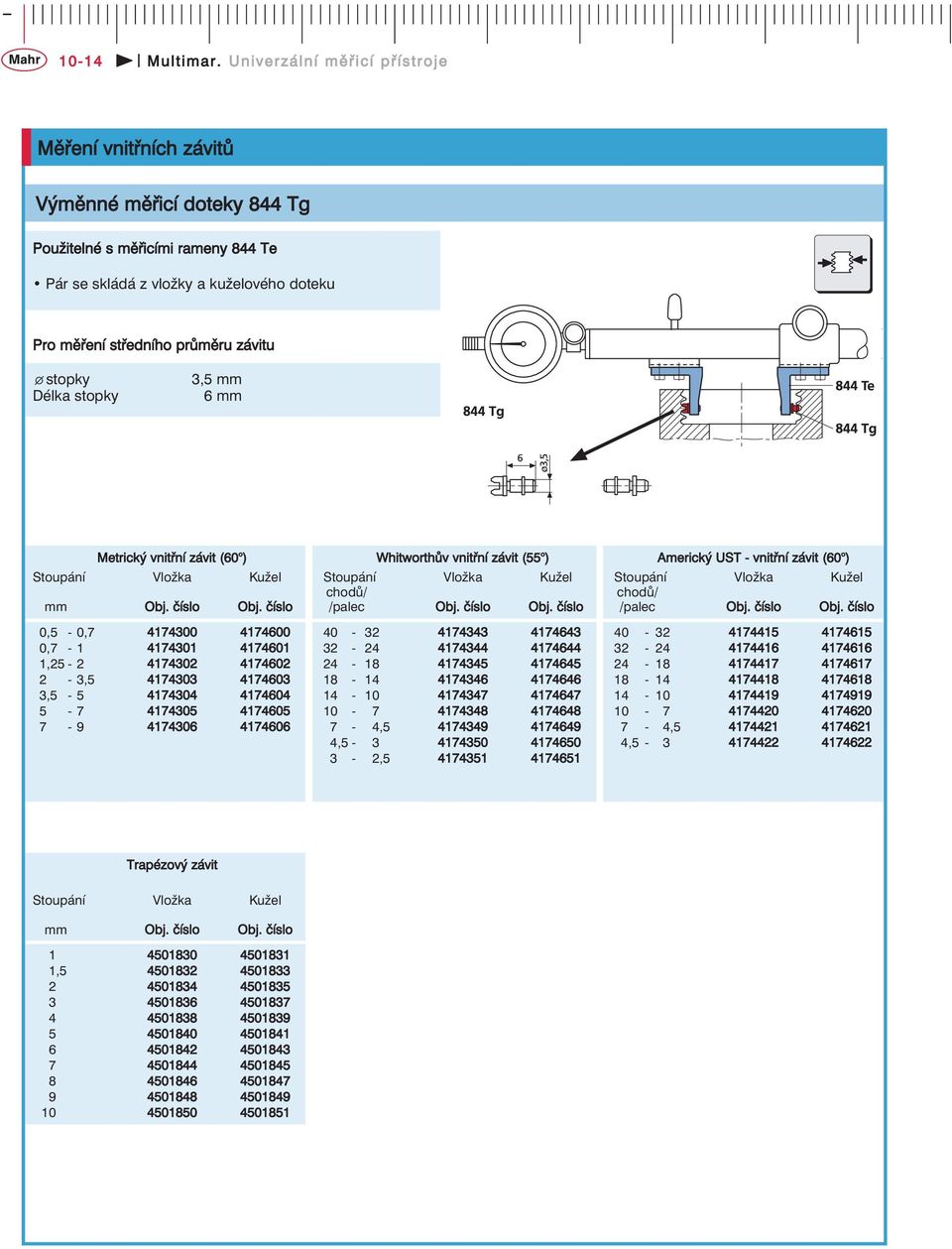 stopky Délka stopky 3,5 mm 6 mm Metrický vnitřní závit (60 ) Stoupání Vložka Kužel mm 0,5-0,7 4174300 4174600 0,7-1 4174301 4174601 1,25-2 4174302 4174602 2-3,5 4174303 4174603 3,5-5 4174304 4174604