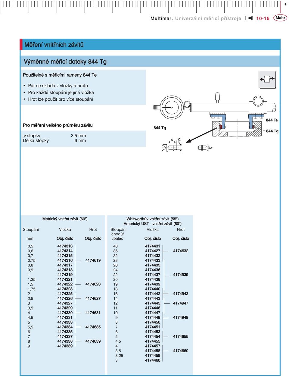 použít pro více stoupání Pro měření velkého průměru závitu stopky Délka stopky 3,5 mm 6 mm Metrický vnitřní závit (60 ) Stoupání Vložka Hrot mm 0,5 4174313 0,6 4174314 0,7 4174315 0,75 4174316