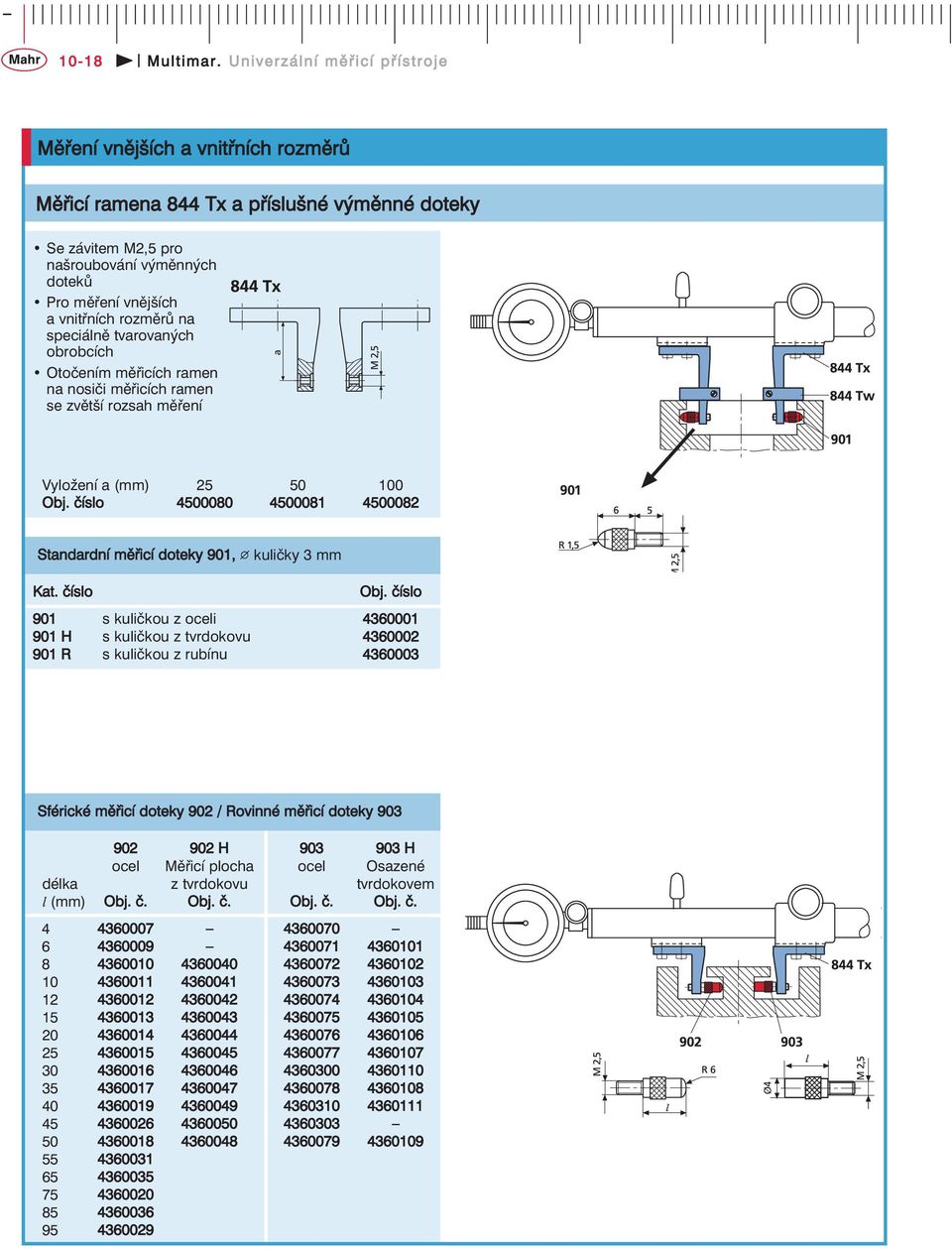 rozměrů na speciálně tvarovaných obrobcích Otočením měřicích ramen na nosiči měřicích ramen se zvětší rozsah měření Vyložení a (mm) 25 50 100 4500080 4500081 4500082 Standardní měřicí doteky 901,