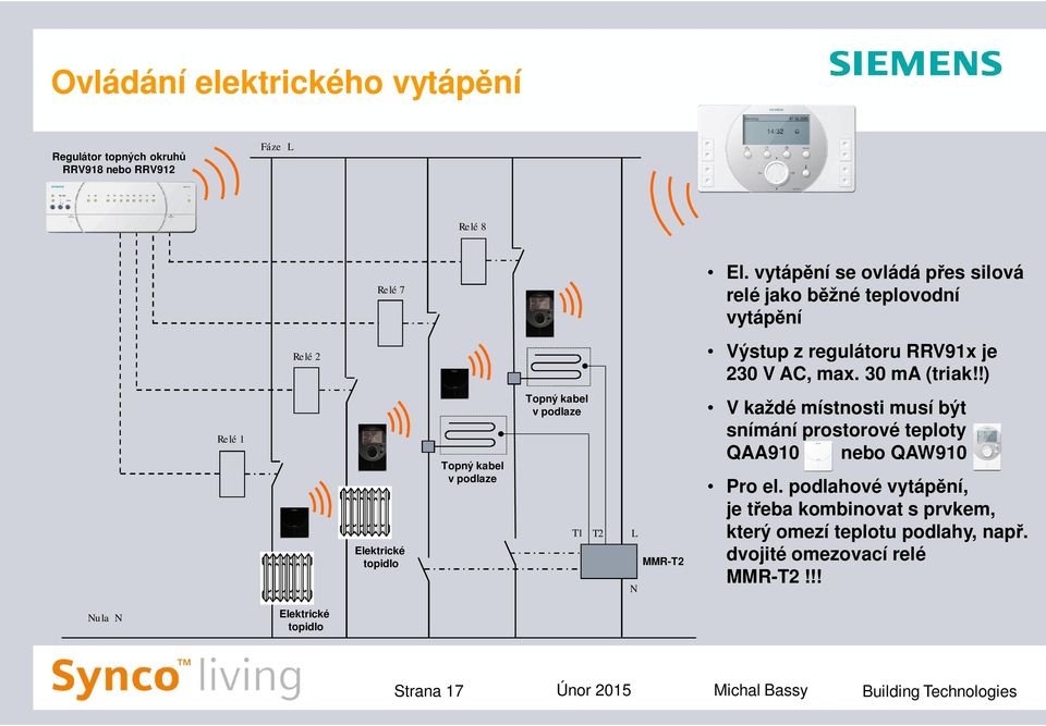 !) Relé 1 Elektrické topidlo Topný kabel v podlaze Topný kabel v podlaze T1 T2 L N MMR-T2 V každé místnosti musí být snímání prostorové teploty