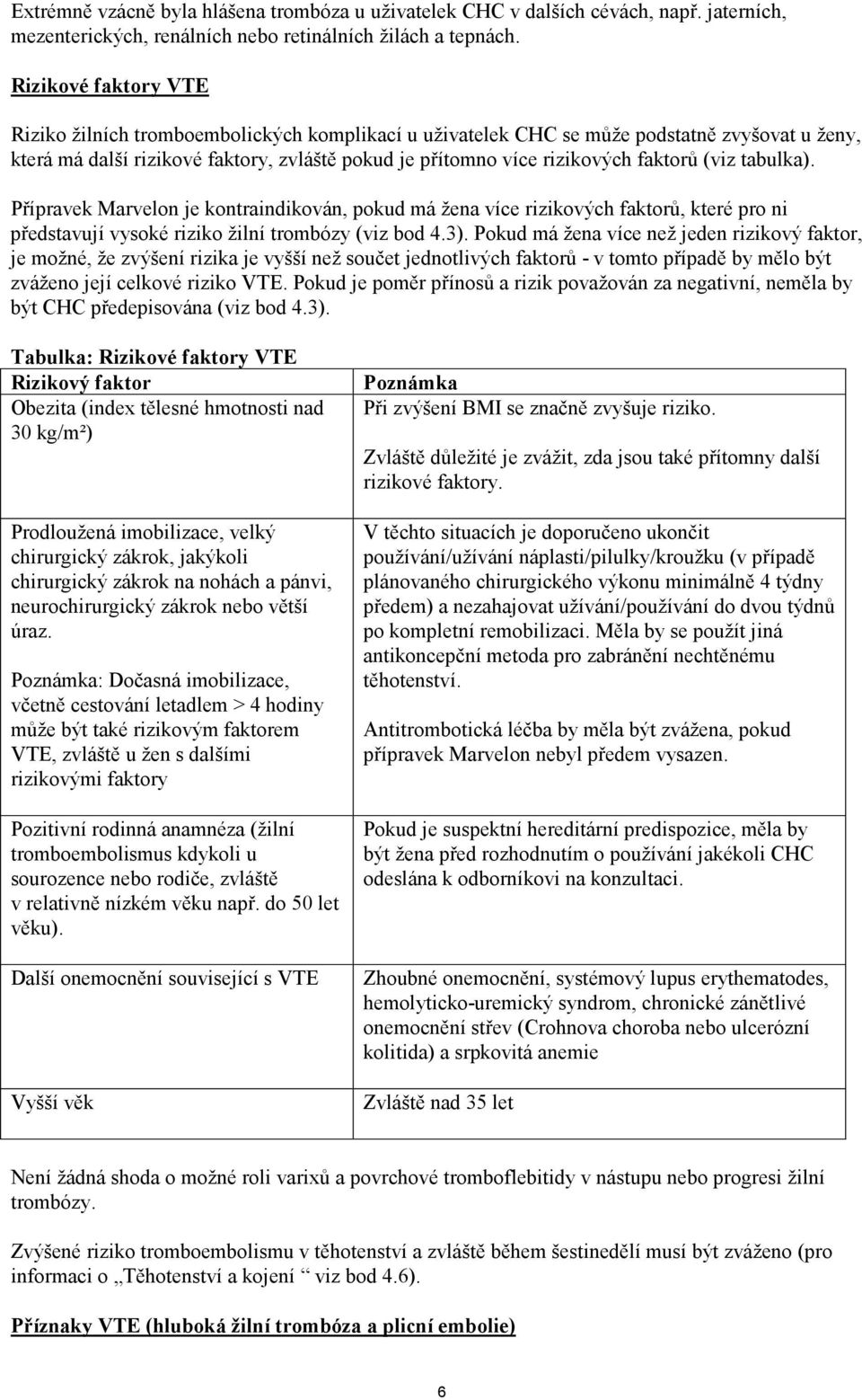 (viz tabulka). Přípravek Marvelon je kontraindikován, pokud má žena více rizikových faktorů, které pro ni představují vysoké riziko žilní trombózy (viz bod 4.3).