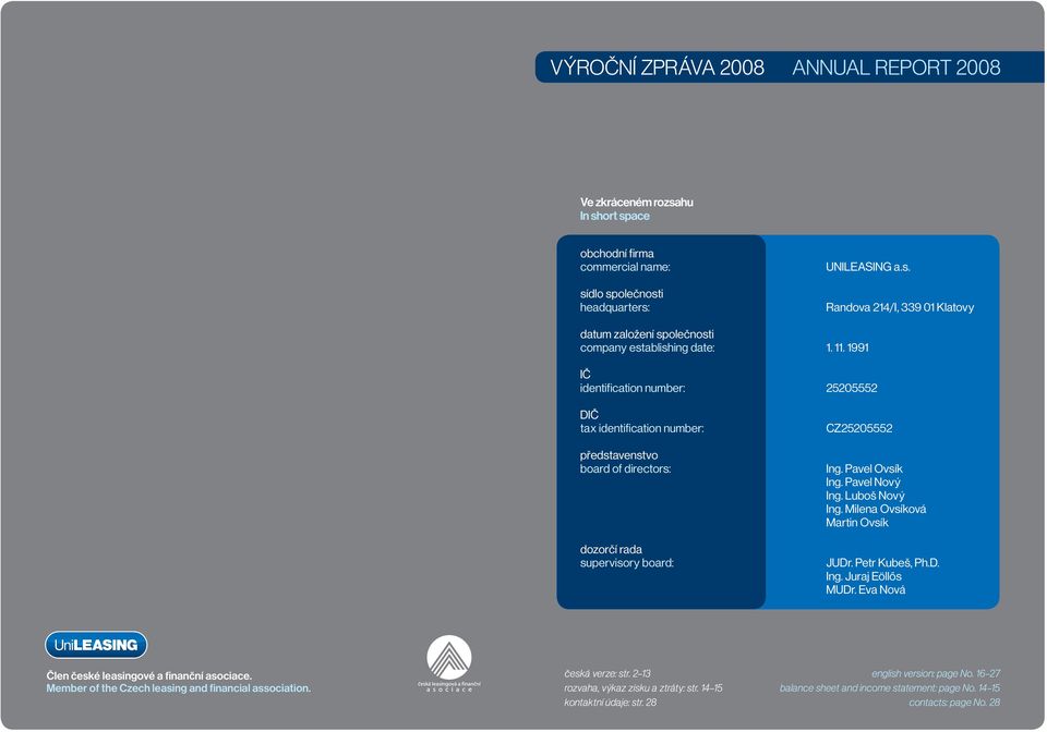 Luboš Nový Ing. Milena Ovsíková Martin Ovsík JUDr. Petr Kubeš, Ph.D. Ing. Juraj Eöllős MUDr. Eva Nová Člen české leasingové a finanční asociace. Member of the Czech leasing and financial association.