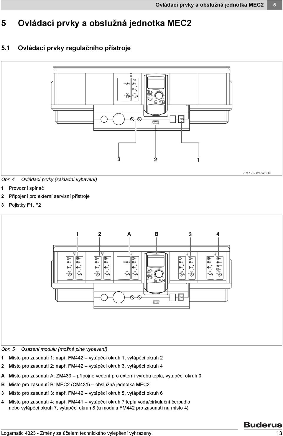 5 Osazení modulu (možné plné vybavení) 1 Místo pro zasunutí 1: např. FM442 vytápěcí okruh 1, vytápěcí okruh 2 2 Místo pro zasunutí 2: např.