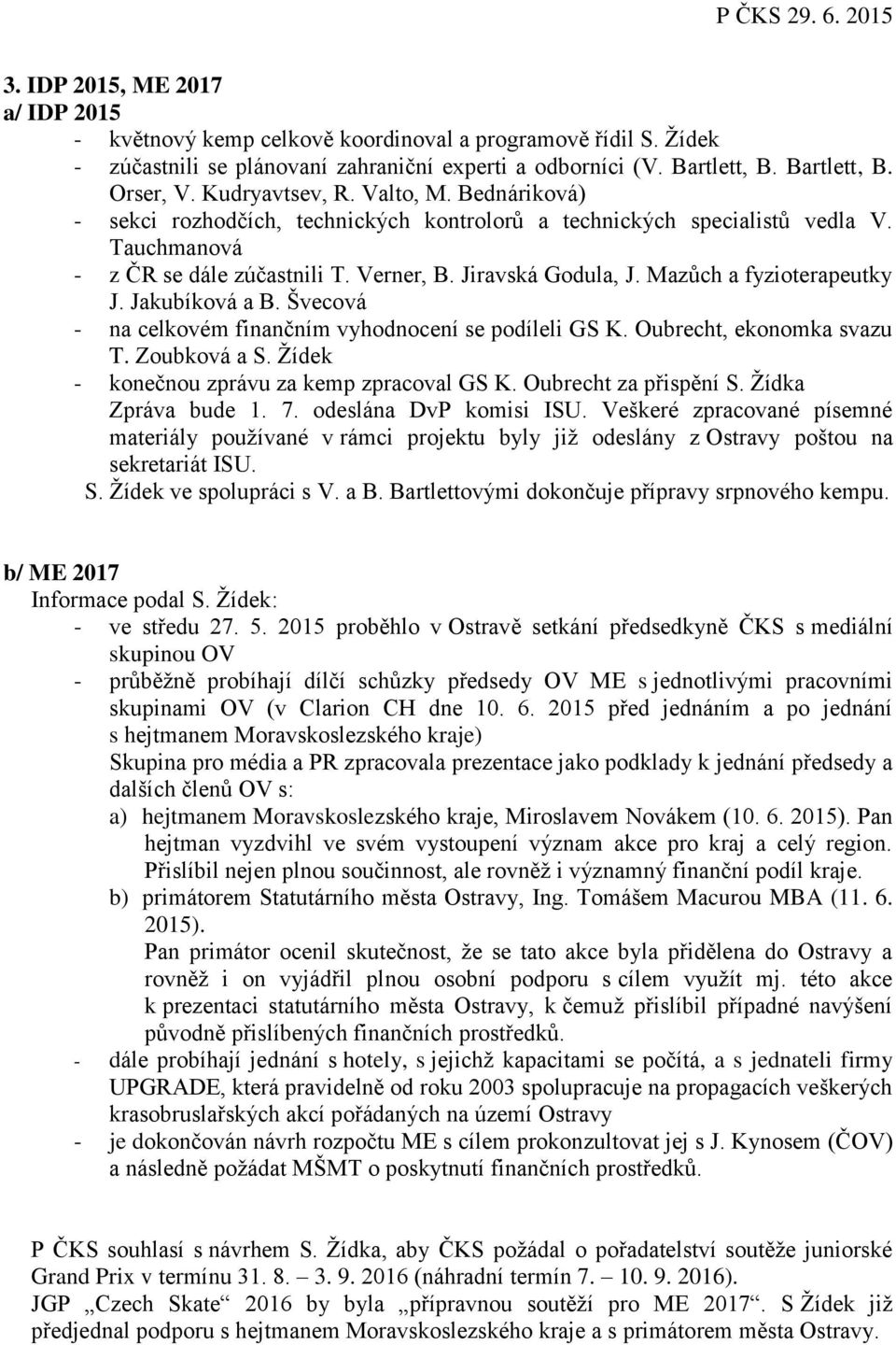 Mazůch a fyzioterapeutky J. Jakubíková a B. Švecová - na celkovém finančním vyhodnocení se podíleli GS K. Oubrecht, ekonomka svazu T. Zoubková a S. Žídek - konečnou zprávu za kemp zpracoval GS K.