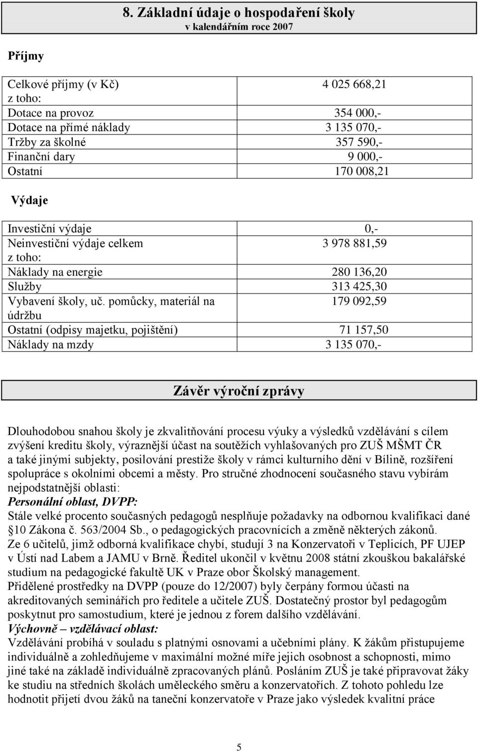 pomůcky, materiál na 179 092,59 údržbu Ostatní (odpisy majetku, pojištění) 71 157,50 Náklady na mzdy 3 135 070,- Závěr výroční zprávy Dlouhodobou snahou školy je zkvalitňování procesu výuky a