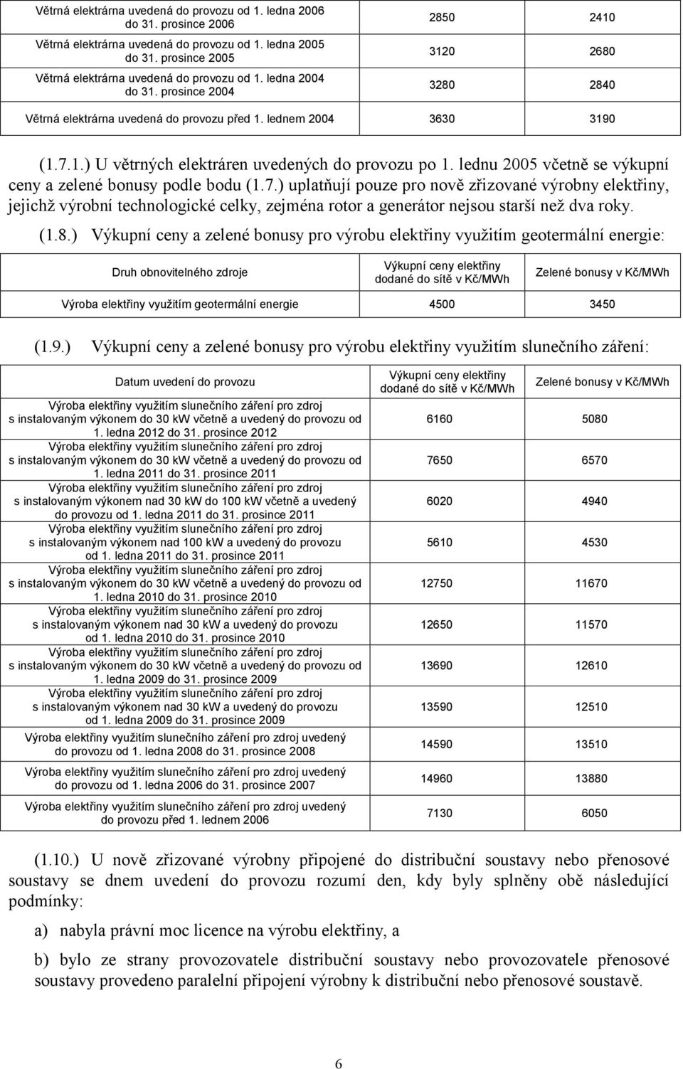 lednu 2005 včetně se výkupní ceny a zelené bonusy podle bodu (1.7.