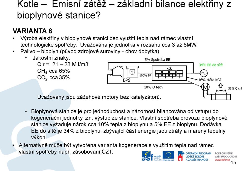 Palivo bioplyn (původ zdrojové suroviny - chov dobytka) Jakostní znaky: Qir = 21 23 MJ/m3 CH 4 cca 65% CO 2 cca 35% Uvažovány jsou zážehové motory bez katalyzátorů.