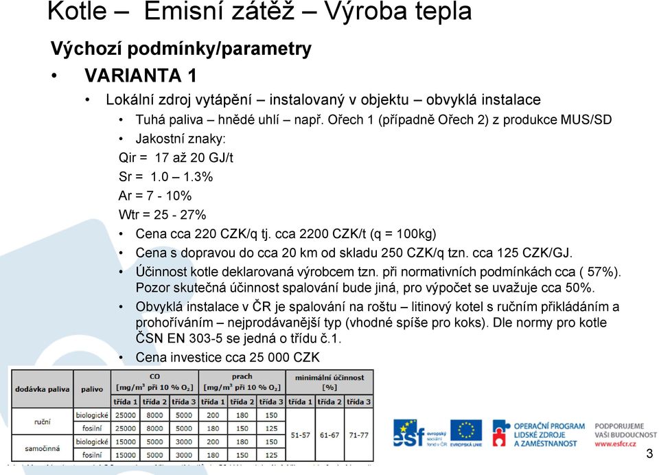 cca 2200 CZK/t (q = 100kg) Cena s dopravou do cca 20 km od skladu 250 CZK/q tzn. cca 125 CZK/GJ. Účinnost kotle deklarovaná výrobcem tzn. při normativních podmínkách cca ( 57%).