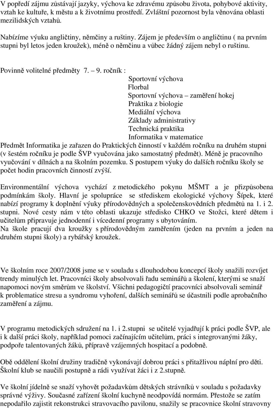 roník : Sportovní výchova Florbal Sportovní výchova zamení hokej Praktika z biologie Mediální výchova Základy administrativy Technická praktika Informatika v matematice Pedmt Informatika je zaazen do