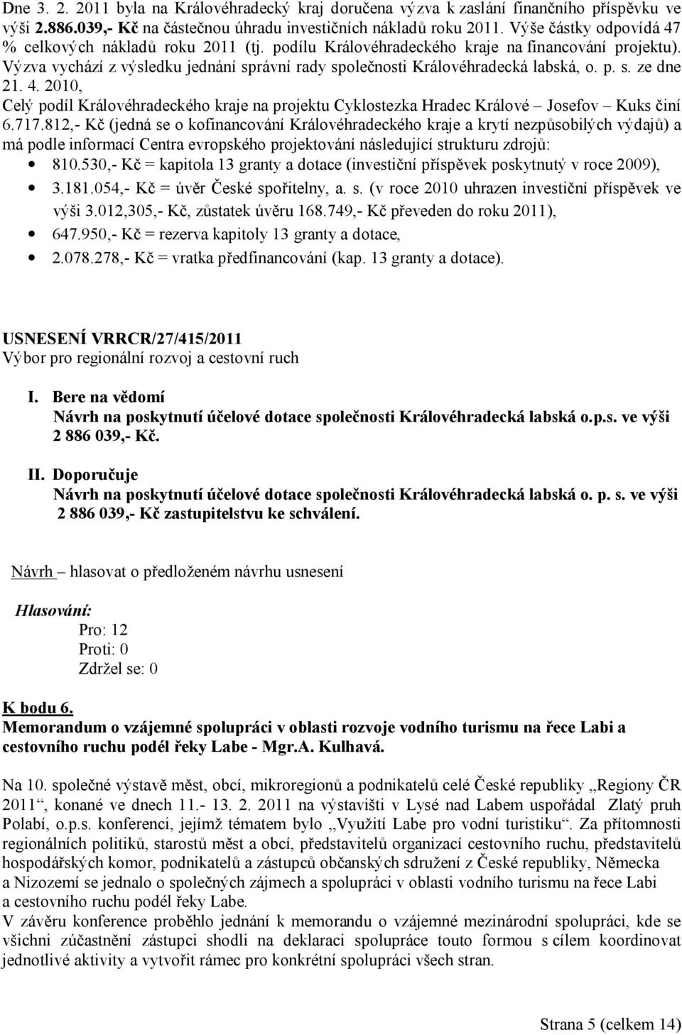 p. s. ze dne 21. 4. 2010, Celý podíl Královéhradeckého kraje na projektu Cyklostezka Hradec Králové Josefov Kuks činí 6.717.