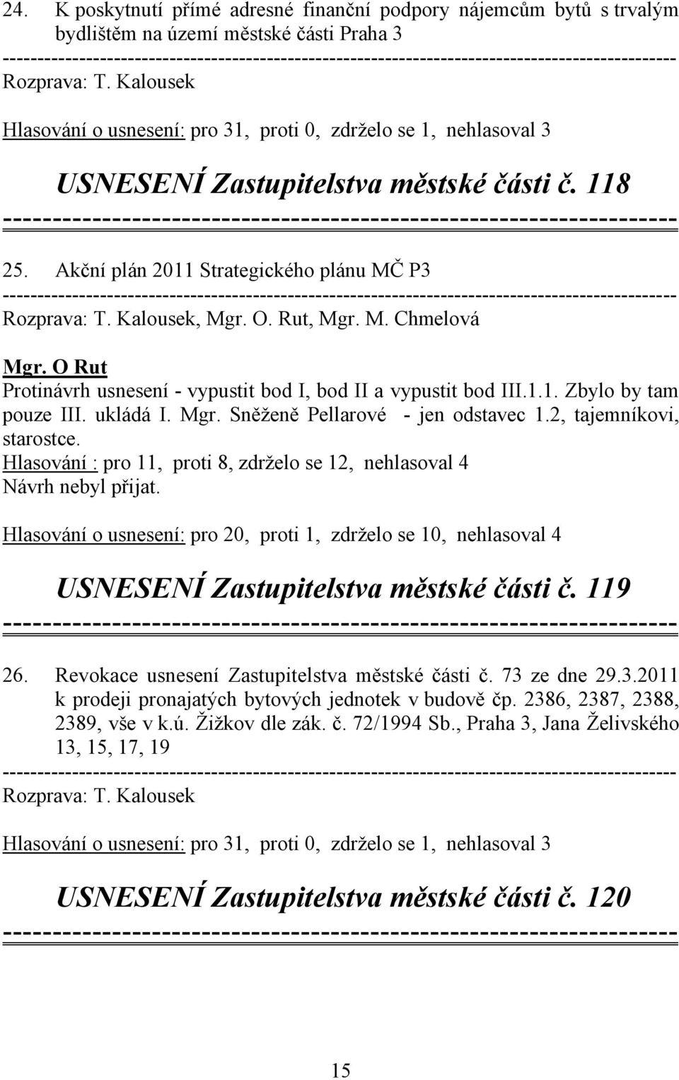 O Rut Protinávrh usnesení - vypustit bod I, bod II a vypustit bod III.1.1. Zbylo by tam pouze III. ukládá I. Mgr. Sněženě Pellarové - jen odstavec 1.2, tajemníkovi, starostce.