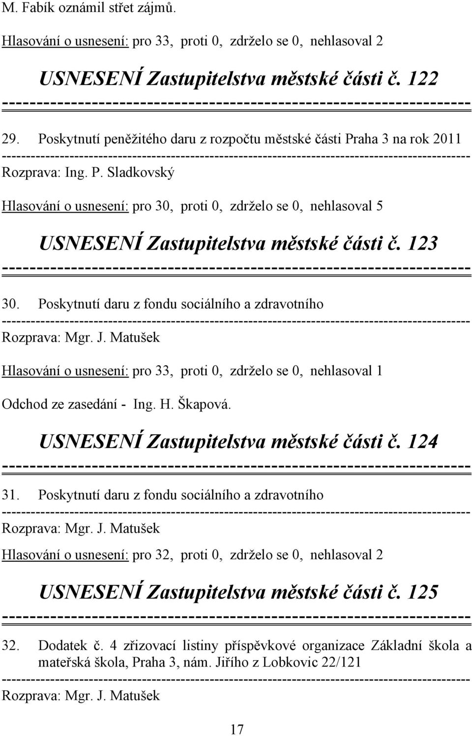 123 30. Poskytnutí daru z fondu sociálního a zdravotního ----------------------------- Rozprava: Mgr. J.