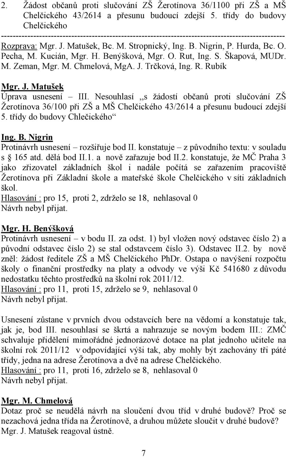 Nesouhlasí,,s žádostí občanů proti slučování ZŠ Žerotínova 36/100 při ZŠ a MŠ Chelčického 43/2614 a přesunu budoucí zdejší 5. třídy do budovy Chlečického Ing. B.