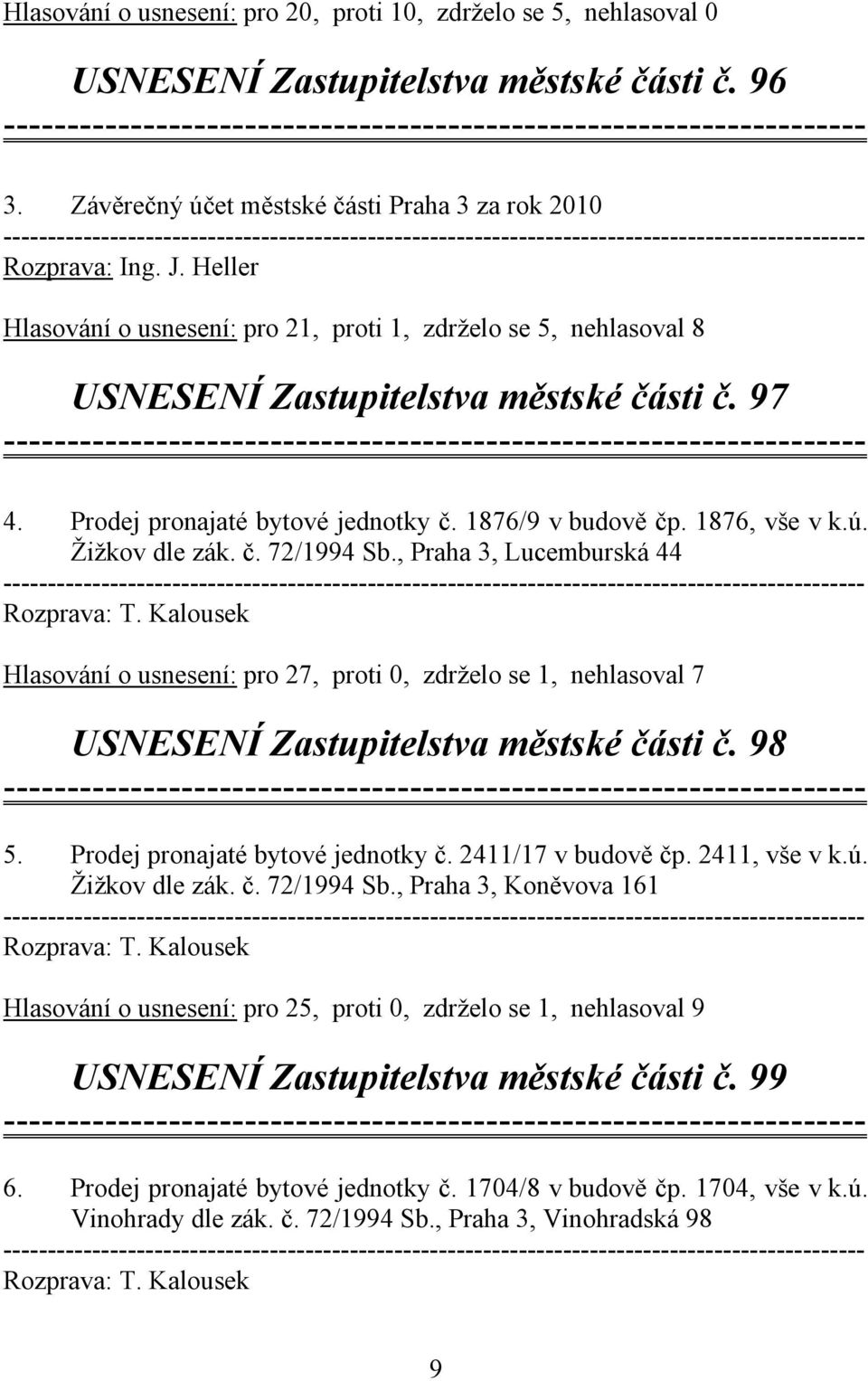 Heller Hlasování o usnesení: pro 21, proti 1, zdrželo se 5, nehlasoval 8 USNESENÍ Zastupitelstva městské části č. 97 4. Prodej pronajaté bytové jednotky č. 1876/9 v budově čp. 1876, vše v k.ú.