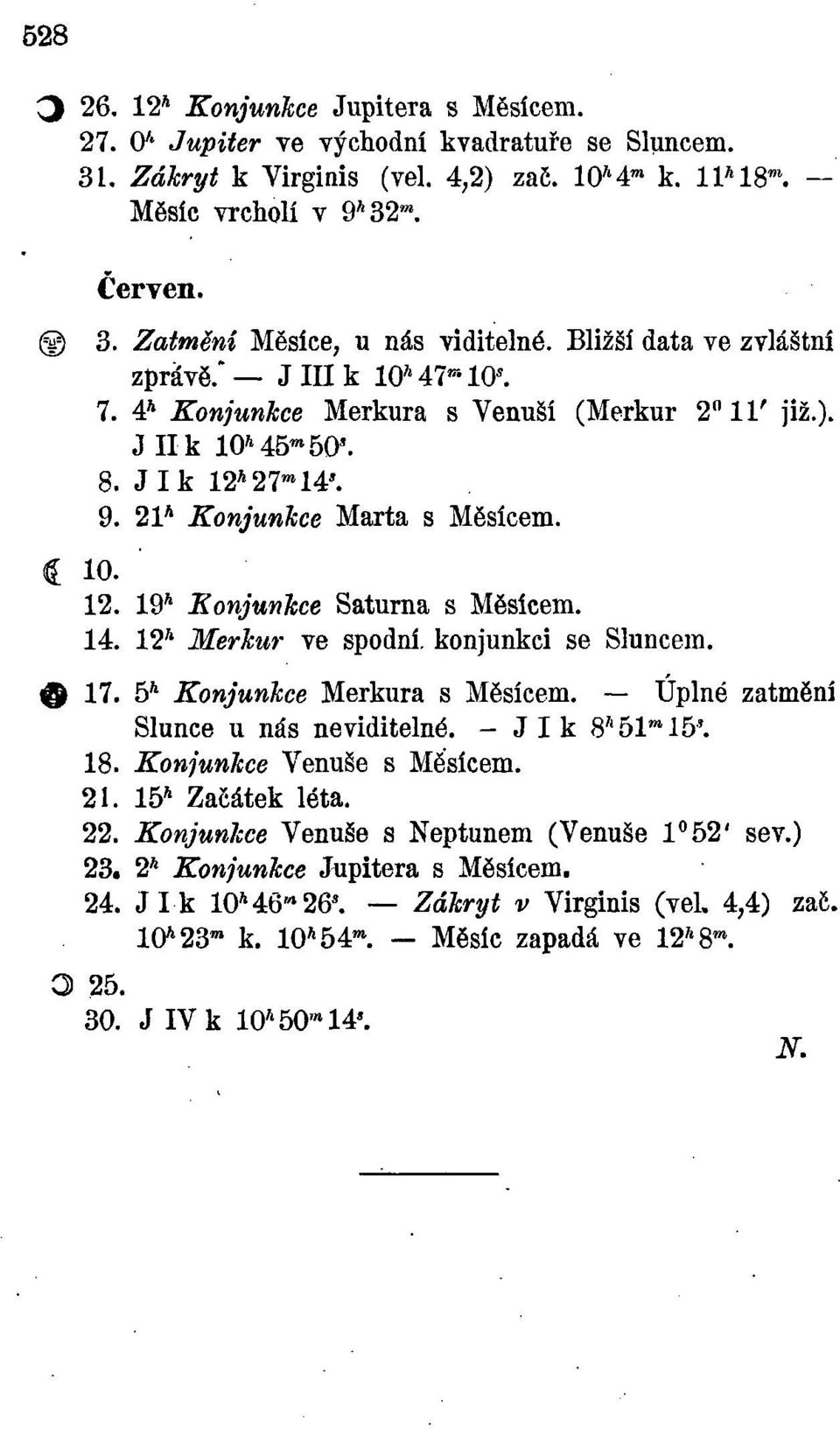 14. 12* Merkur ve spodní, konjunkci se Sluncem. 17. 5* Konjunkce Merkura s Měsícem. Úplné zatmění Slunce u nás neviditelné. -Jlk 8* 51 15*. 18. Konjunkce Venuše s Měsícem. 21. 15* Začátek léta. 22.