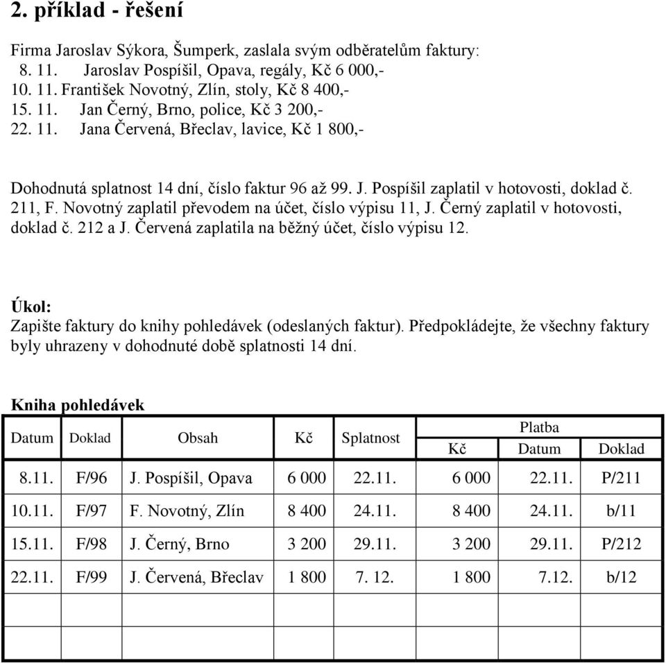 Novotný zaplatil převodem na účet, číslo výpisu 11, J. Černý zaplatil v hotovosti, doklad č. 212 a J. Červená zaplatila na běžný účet, číslo výpisu 12.