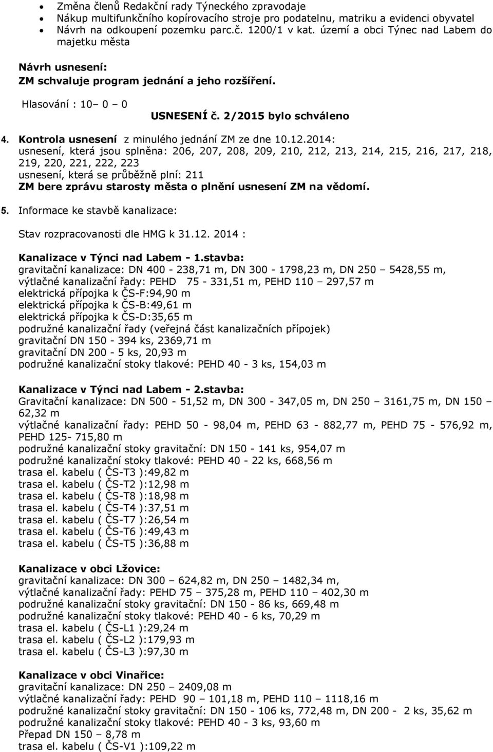 12.2014: usnesení, která jsou splněna: 206, 207, 208, 209, 210, 212, 213, 214, 215, 216, 217, 218, 219, 220, 221, 222, 223 usnesení, která se průběžně plní: 211 ZM bere zprávu starosty města o plnění