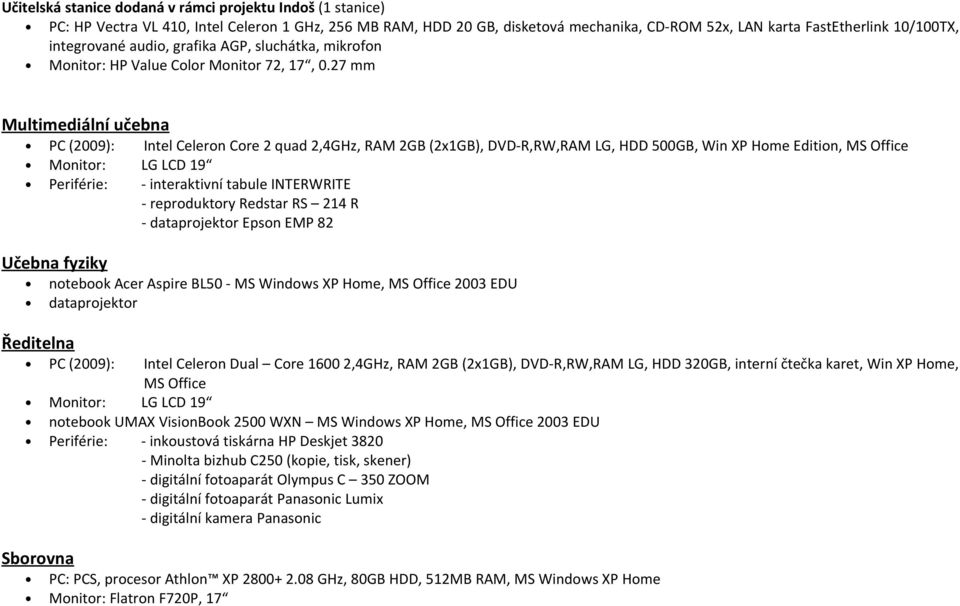 27 mm Multimediální učebna PC (2009): Intel Celeron Core 2 quad 2,4GHz, RAM 2GB (2x1GB), DVD-R,RW,RAM LG, HDD 500GB, Win XP Home Edition, MS Office Monitor: LG LCD 19 Periférie: - interaktivní tabule