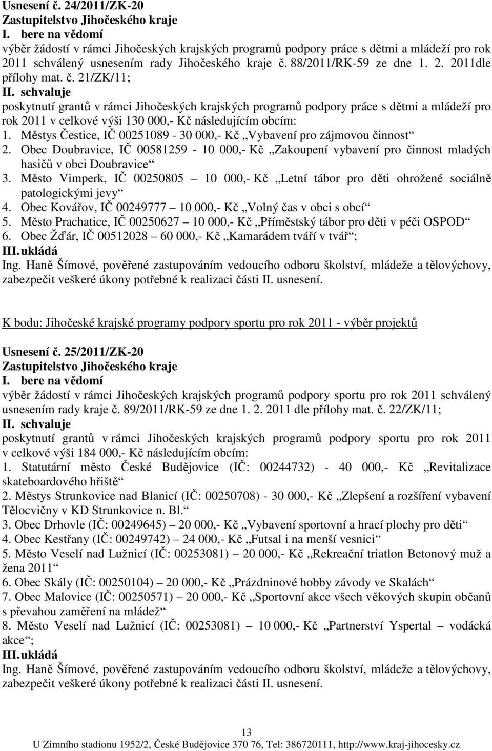 21/ZK/11; I poskytnutí grantů v rámci Jihočeských krajských programů podpory práce s dětmi a mládeží pro rok 2011 v celkové výši 130 000,- Kč následujícím obcím: 1.