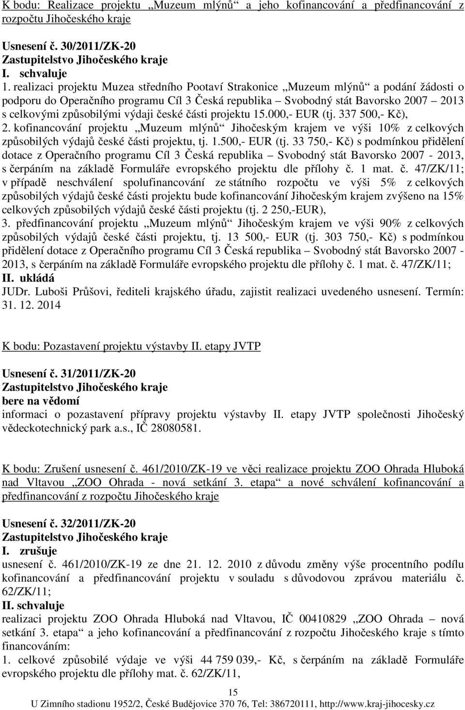 výdaji české části projektu 15.000,- EUR (tj. 337 500,- Kč), 2. kofinancování projektu Muzeum mlýnů Jihočeským krajem ve výši 10% z celkových způsobilých výdajů české části projektu, tj. 1.500,- EUR (tj.