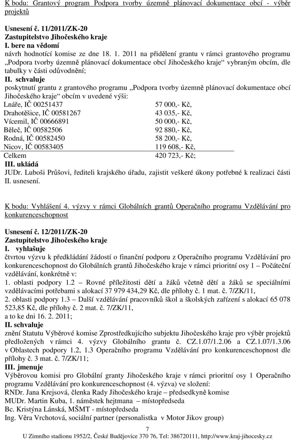 . 1. 2011 na přidělení grantu v rámci grantového programu Podpora tvorby územně plánovací dokumentace obcí Jihočeského kraje vybraným obcím, dle tabulky v části odůvodnění; I poskytnutí grantu z