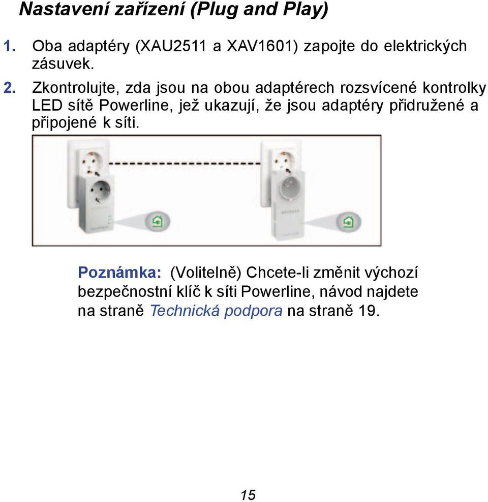 Zkontrolujte, zda jsou na obou adaptérech rozsvícené kontrolky LED sítě Powerline, jež ukazují,