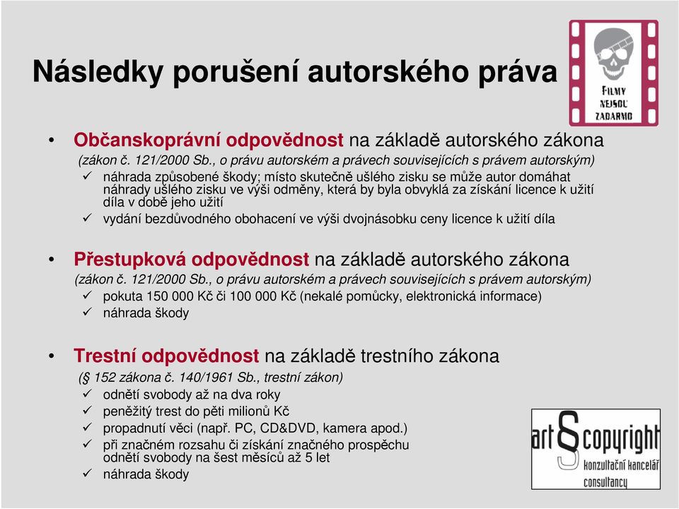 za získání licence k užití díla v době jeho užití vydání bezdůvodného obohacení ve výši dvojnásobku ceny licence k užití díla Přestupková odpovědnost na základě autorského zákona (zákon č.