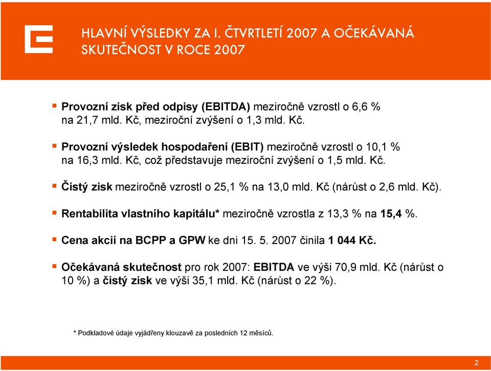 Kč (nárůst o 2,6 mld. Kč). Rentabilita vlastního kapitálu* meziročně vzrostla z 13,3 % na 15,4 %. Cena akcií na BCPP a GPW ke dni 15. 5. 2007 činila 1 044 Kč.