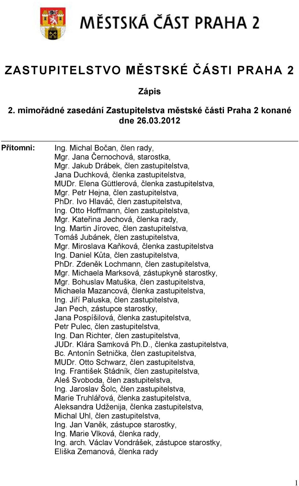 Ivo Hlaváč, člen zastupitelstva, Ing. Otto Hoffmann, člen zastupitelstva, Mgr. Kateřina Jechová, členka rady, Ing. Martin Jírovec, člen zastupitelstva, Tomáš Jubánek, člen zastupitelstva, Mgr.
