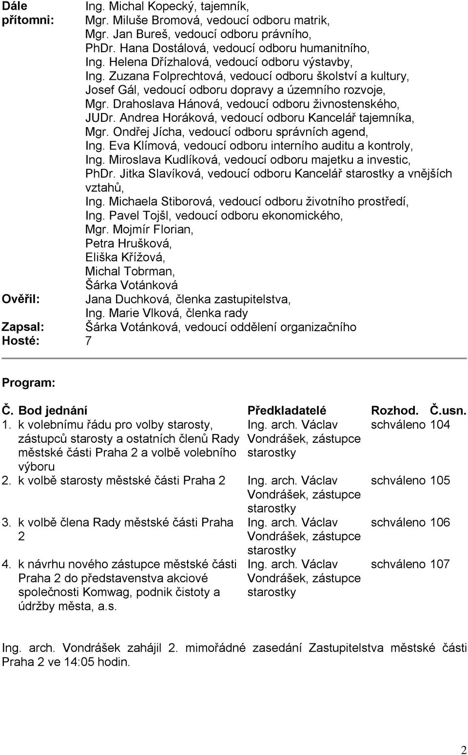 Zuzana Folprechtová, vedoucí odboru školství a kultury, Josef Gál, vedoucí odboru dopravy a územního rozvoje, Mgr. Drahoslava Hánová, vedoucí odboru živnostenského, JUDr.