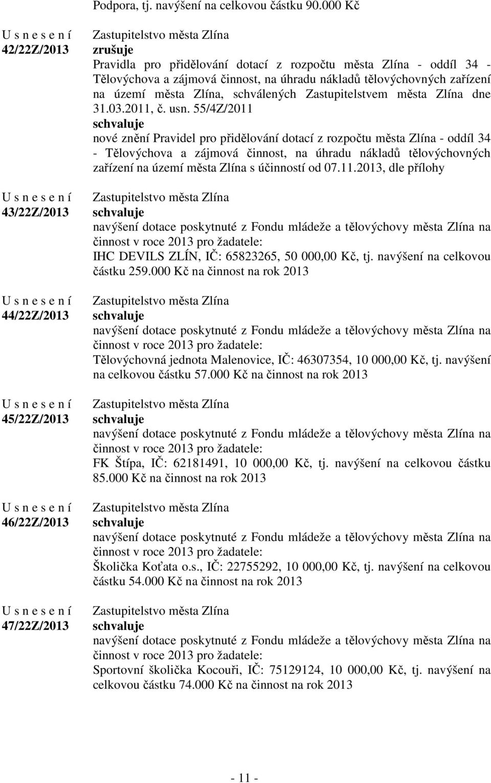 nákladů tělovýchovných zařízení na území města Zlína, schválených Zastupitelstvem města Zlína dne 31.03.2011, č. usn.