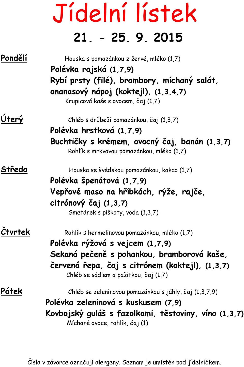 Chléb s drůbeží pomazánkou, čaj (1,3,7) Polévka hrstková (1,7,9) Buchtičky s krémem, ovocný čaj, banán (1,3,7) Rohlík s mrkvovou pomazánkou, mléko (1,7) Středa Houska se švédskou pomazánkou, kakao