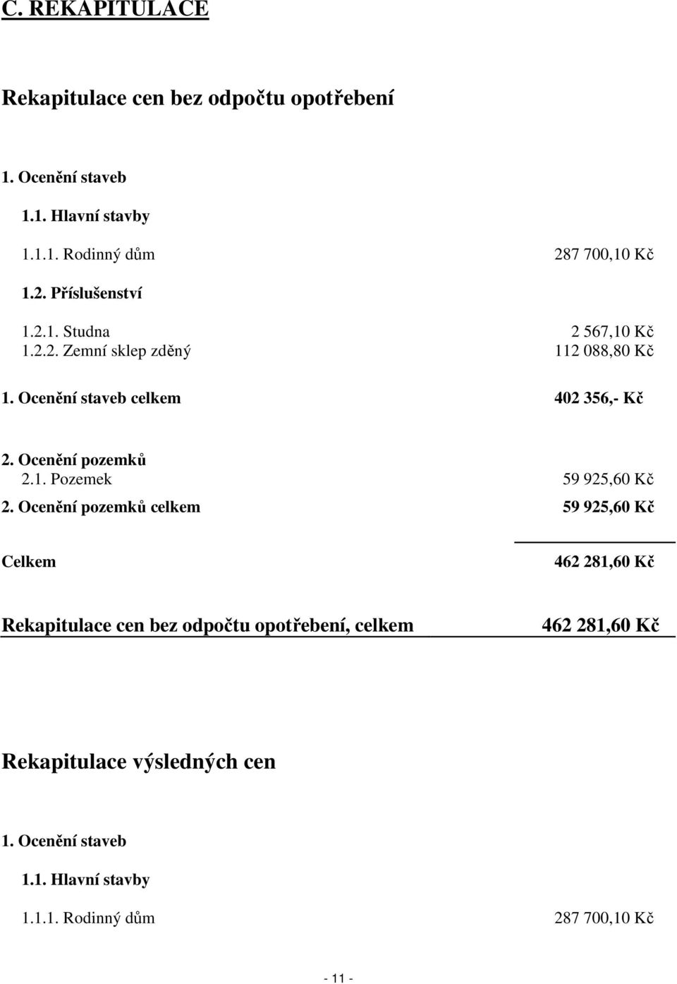 Ocenění staveb celkem 402 356,- Kč 2. Ocenění pozemků 2.1. Pozemek 59 925,60 Kč 2.