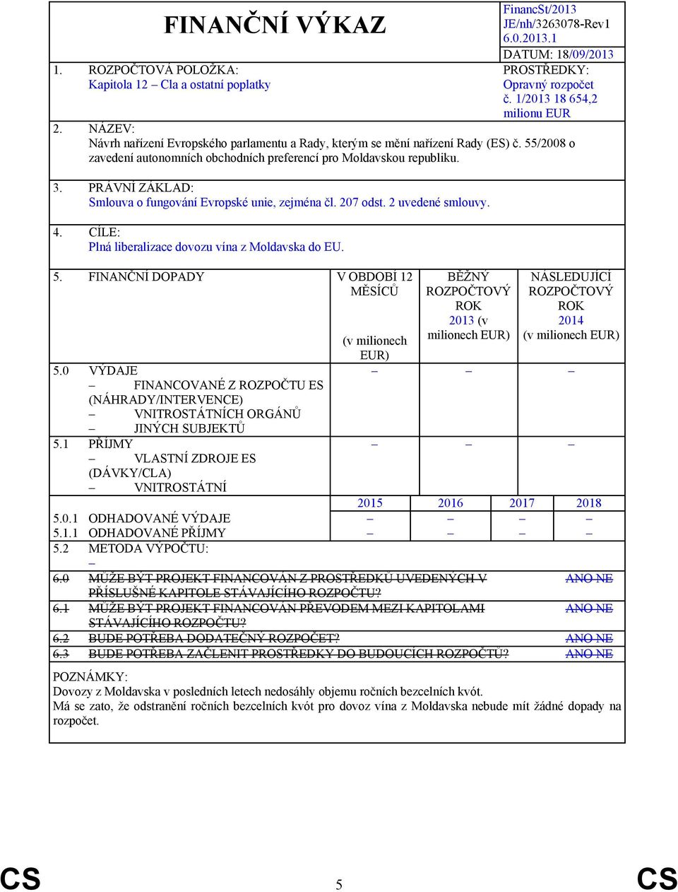 PRÁVNÍ ZÁKLAD: Smlouva o fungování Evropské unie, zejména čl. 207 odst. 2 uvedené smlouvy. 4. CÍLE: Plná liberalizace dovozu vína z Moldavska do EU. 5. FINANČNÍ DOPADY V OBDOBÍ 12 MĚSÍCŮ 5.