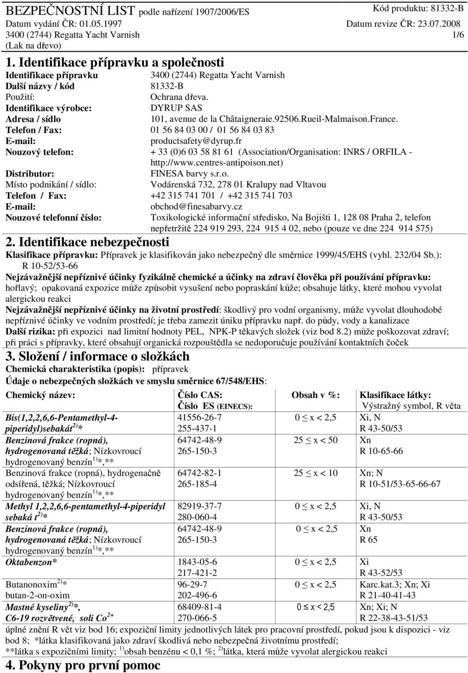 fr Nouzový telefon: + 33 (0)6 03 58 81 61 (Association/Organisation: INRS / ORFILA - http://www.centres-antipoison.net) Distributor: FINESA barvy s.r.o. Místo podnikání / sídlo: Vodárenská 732, 278 01 Kralupy nad Vltavou Telefon / Fax: +42 315 741 701 / +42 315 741 703 E-mail: obchod@finesabarvy.