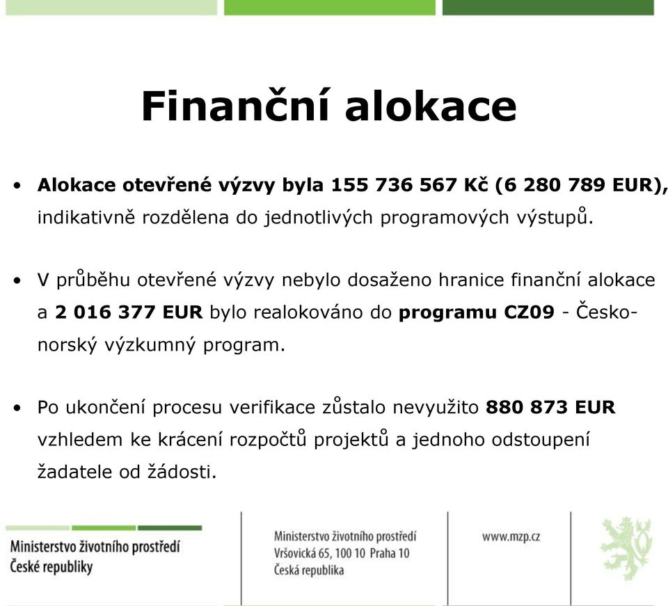 V průběhu tevřené výzvy nebyl dsažen hranice finanční alkace a 2 016 377 EUR byl realkván d