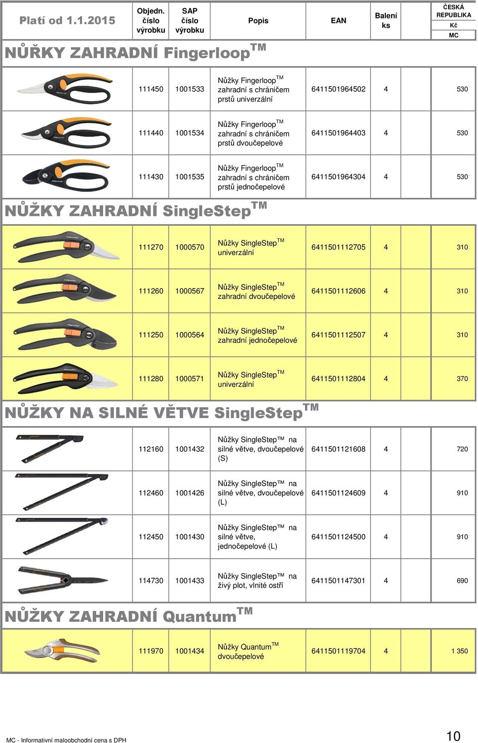 111260 1000567 Nůžky SingleStep TM zahradní dvoučepelové 611501112606 310 111250 100056 Nůžky SingleStep TM zahradní jednočepelové 611501112507 310 111280 1000571 Nůžky SingleStep TM univerzální