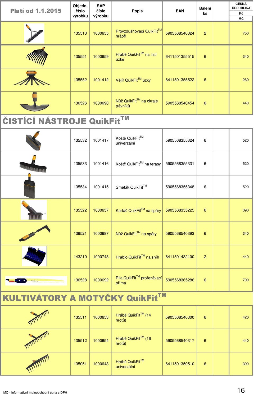 13553 100115 Smeták QuikFit TM 590556835538 6 520 135522 1000657 Kartáč QuikFit TM na spáry 5905568355225 6 390 136521 1000687 Nůž QuikFit TM na spáry 590556850393 6 30 13210 100073 Hrablo QuikFit TM