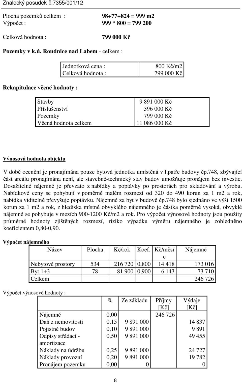 Kč 11 086 000 Kč Výnosová hodnota objektu V době ocenění je pronajímána pouze bytová jednotka umístěná v I.patře budovy čp.