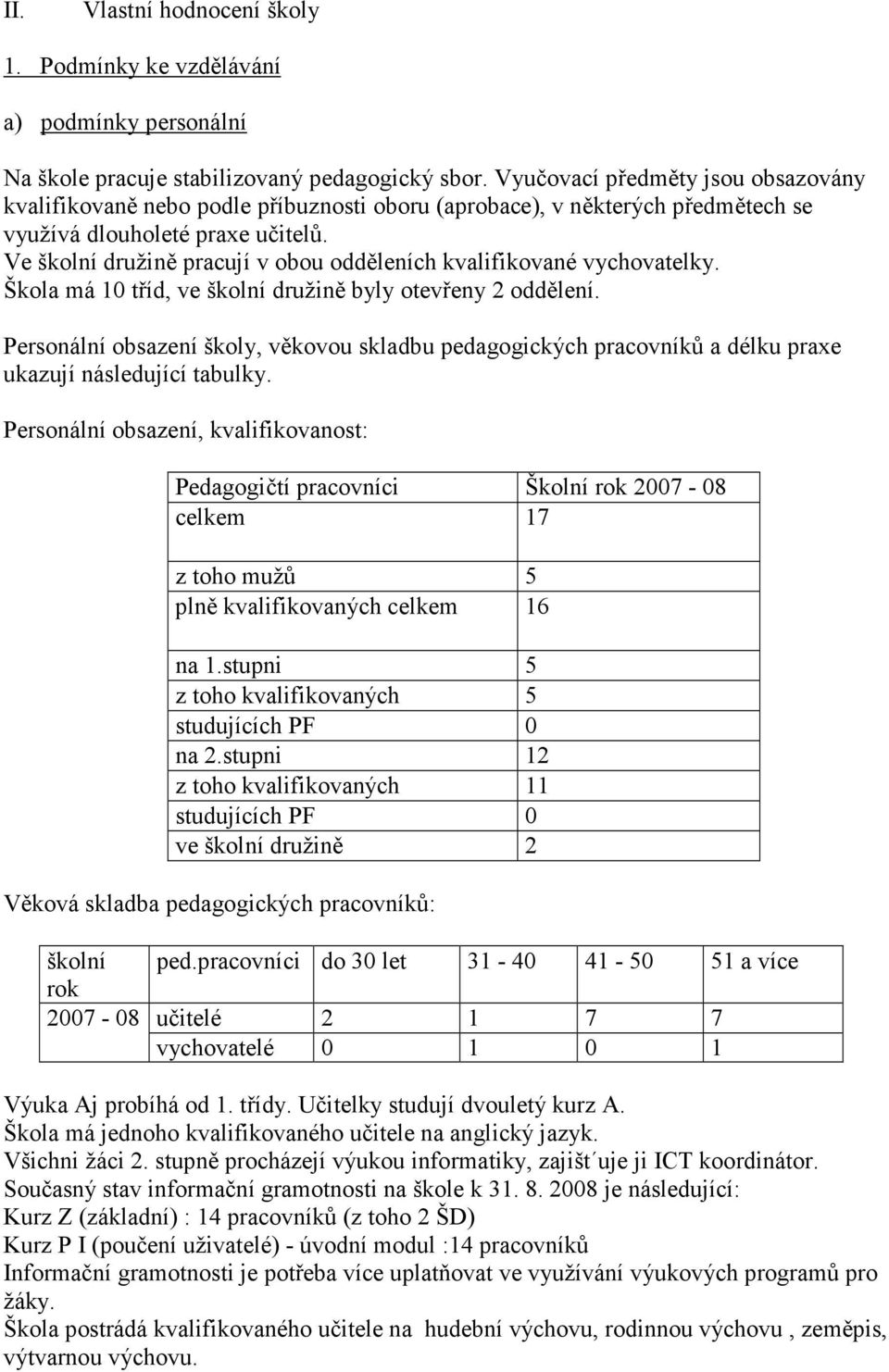 Ve školní družině pracují v obou odděleních kvalifikované vychovatelky. Škola má 10 tříd, ve školní družině byly otevřeny 2 oddělení.